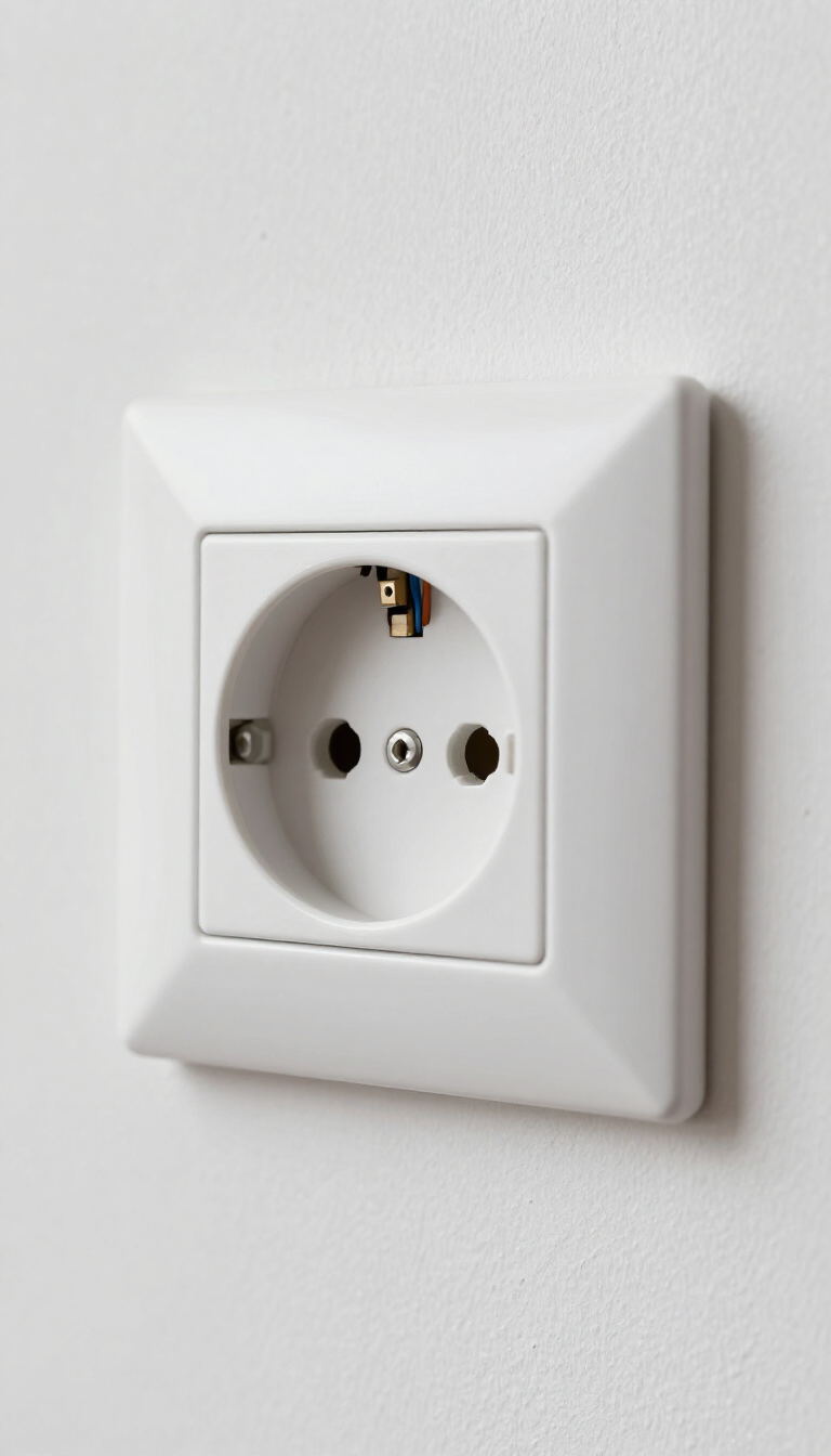 Enchufe eléctrico blanco de pared con dos tomas y una placa de cubierta cuadrada.