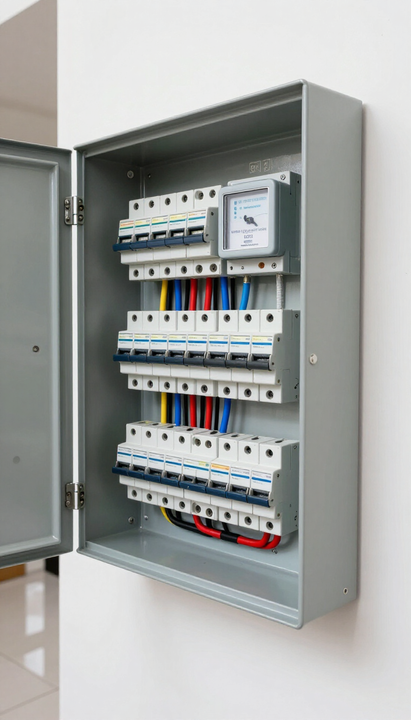 Panel eléctrico abierto de color gris con filas de interruptores y contadores montado en la pared.