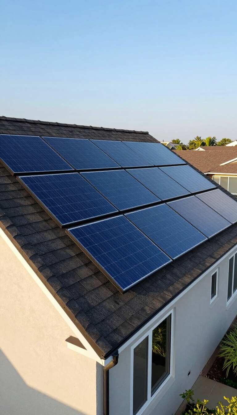 Techo con paneles solares azules en una casa blanca bajo un cielo despejado.
