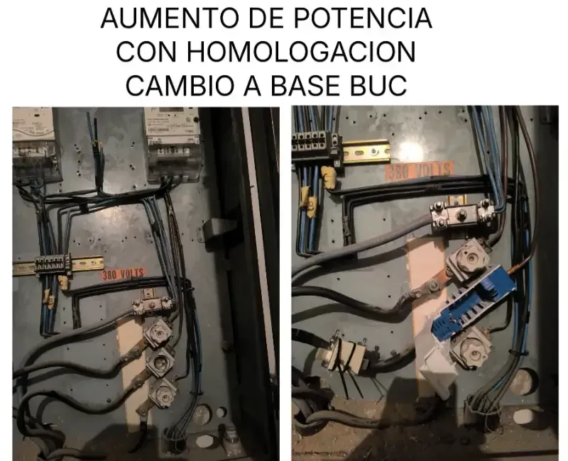 Comparación del panel eléctrico antes y después del cambio de la base BUC, mostrando los componentes recableados.