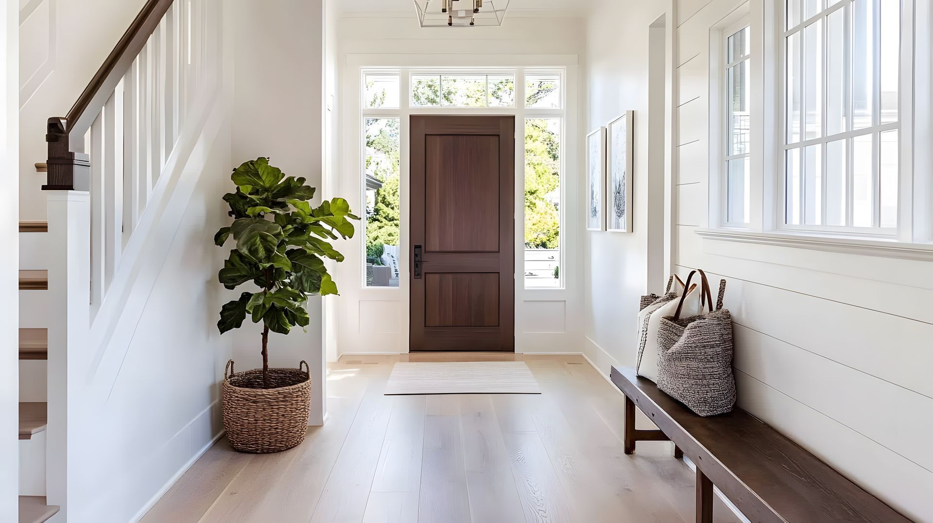 Entrée d'une maison avec des escaliers à gauche, une plante, un banc et une porte d'entrée en bois foncé