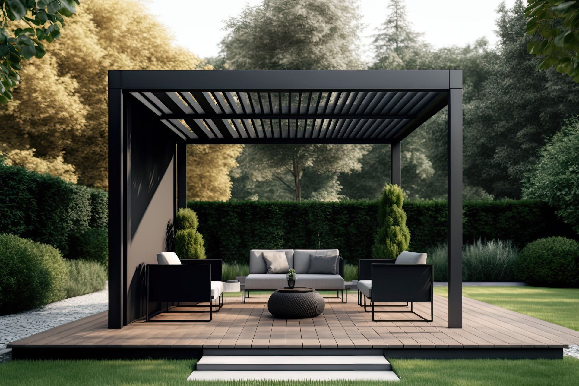 Terrasse chaleureuse conçue pour profiter du plein air. Elle comprend une pergola qui offre de l'ombre et ajoute une touche architecturale à l'espace. Au centre, un foyer, idéal pour se réunir et se détendre dans le jardin, est installé. L'espace est entouré d'arbres, renforçant l'ambiance naturelle de l'aménagement extérieur.