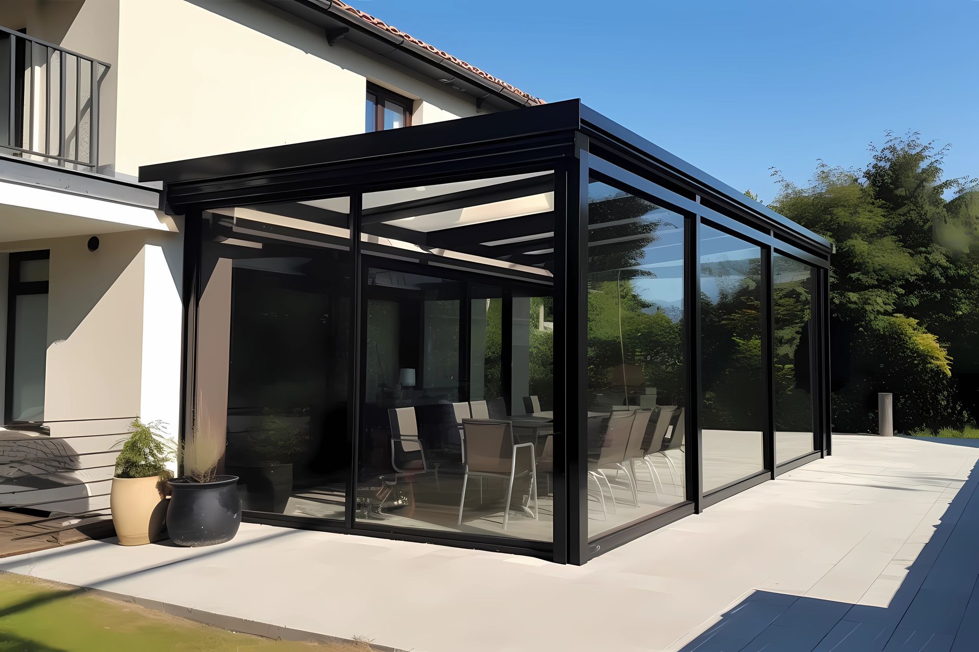 Une véranda moderne attachée à une maison. Elle est faite d'une structure en métal noir et de panneaux de verre coulissants. À l'intérieur, on voit une table et des chaises de salle à manger. Le tout est installé sur une terrasse en pierre claire. L'arrière-plan montre une partie de la maison et de la végétation.