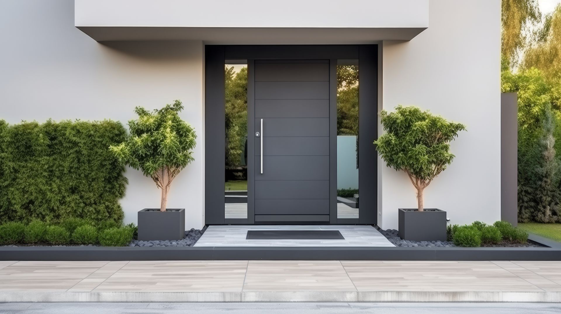 Devanture d'une maison avec une porte d'entrée grise, des bacs avec des arbustes de chaque coté de la porte