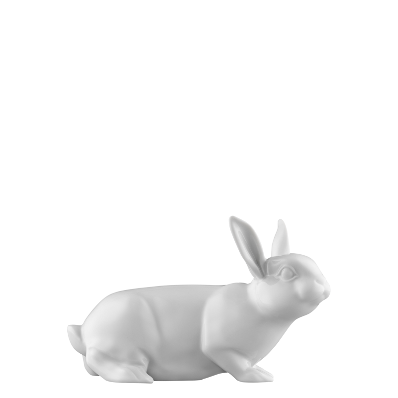 Weiße Porzellan-Hasenfigur, sitzend, Ohren aufgestellt.