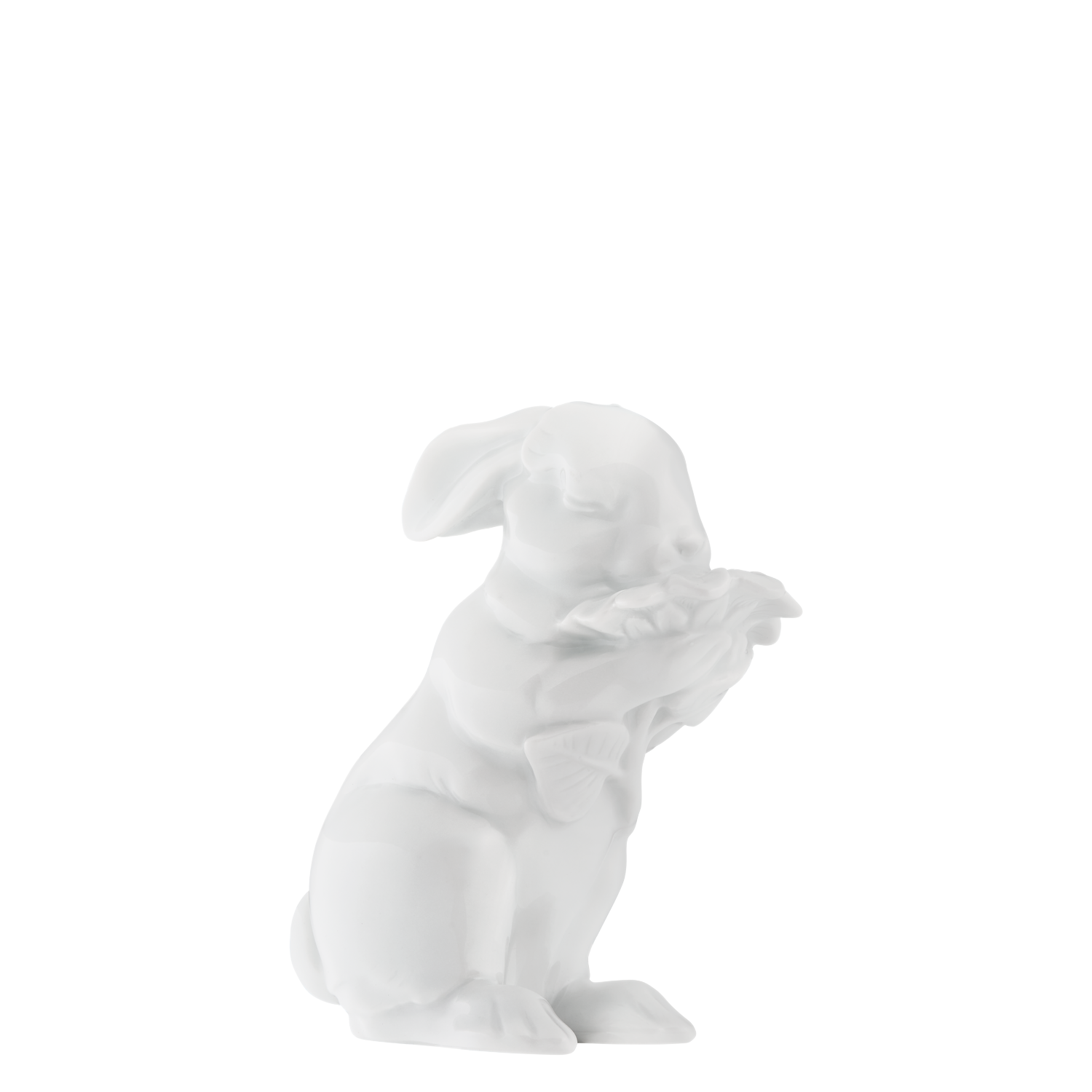 Weiße Porzellan-Hasenfigur, die etwas hält.