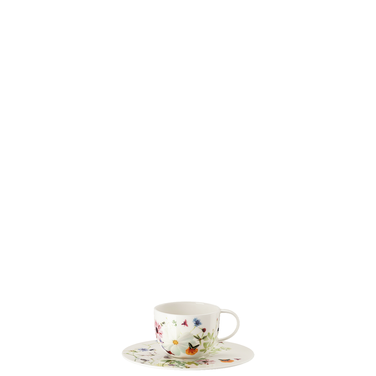 Tasse und Untertasse mit Blumenmuster.