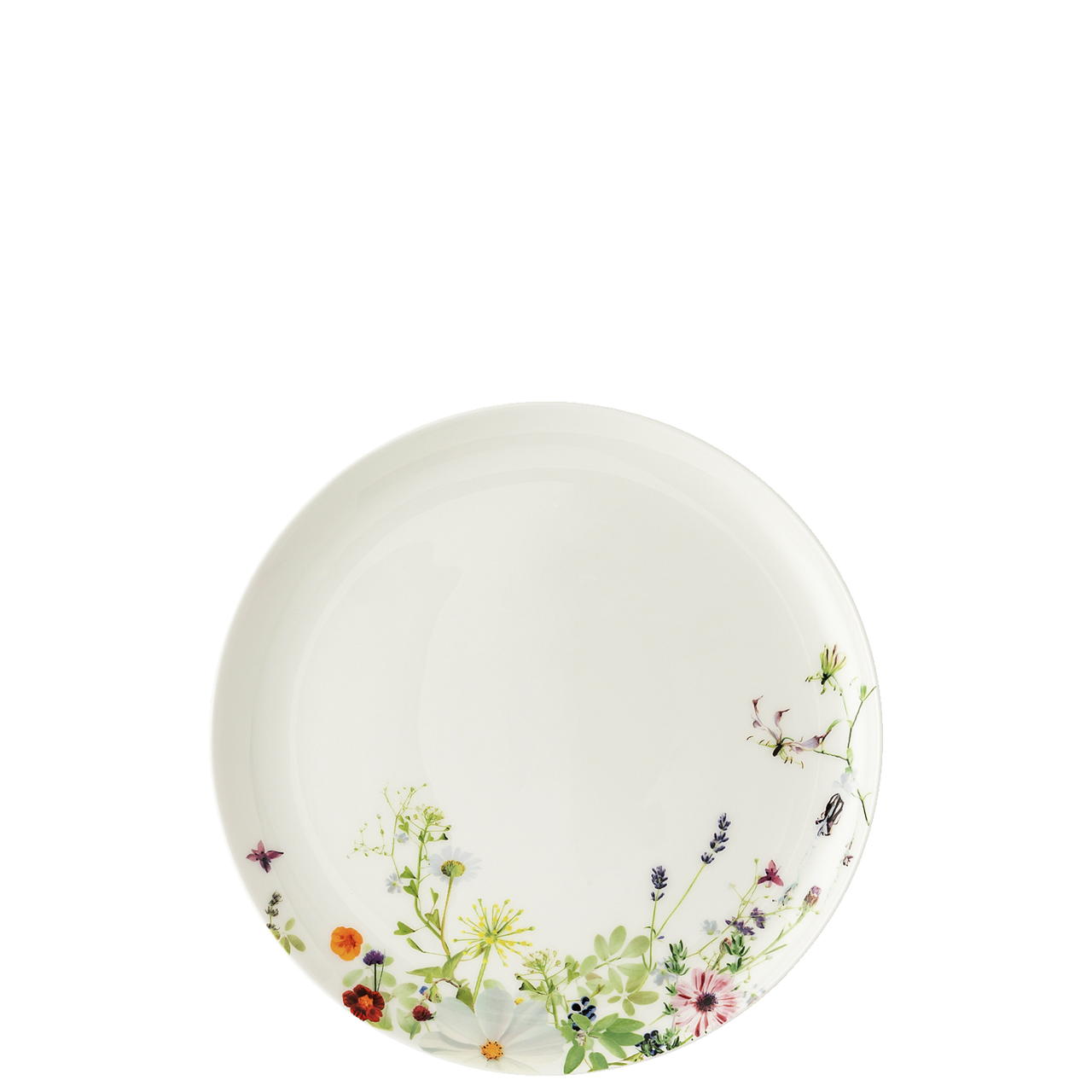 Weißer Teller mit zartem Blumendekor am Rand.