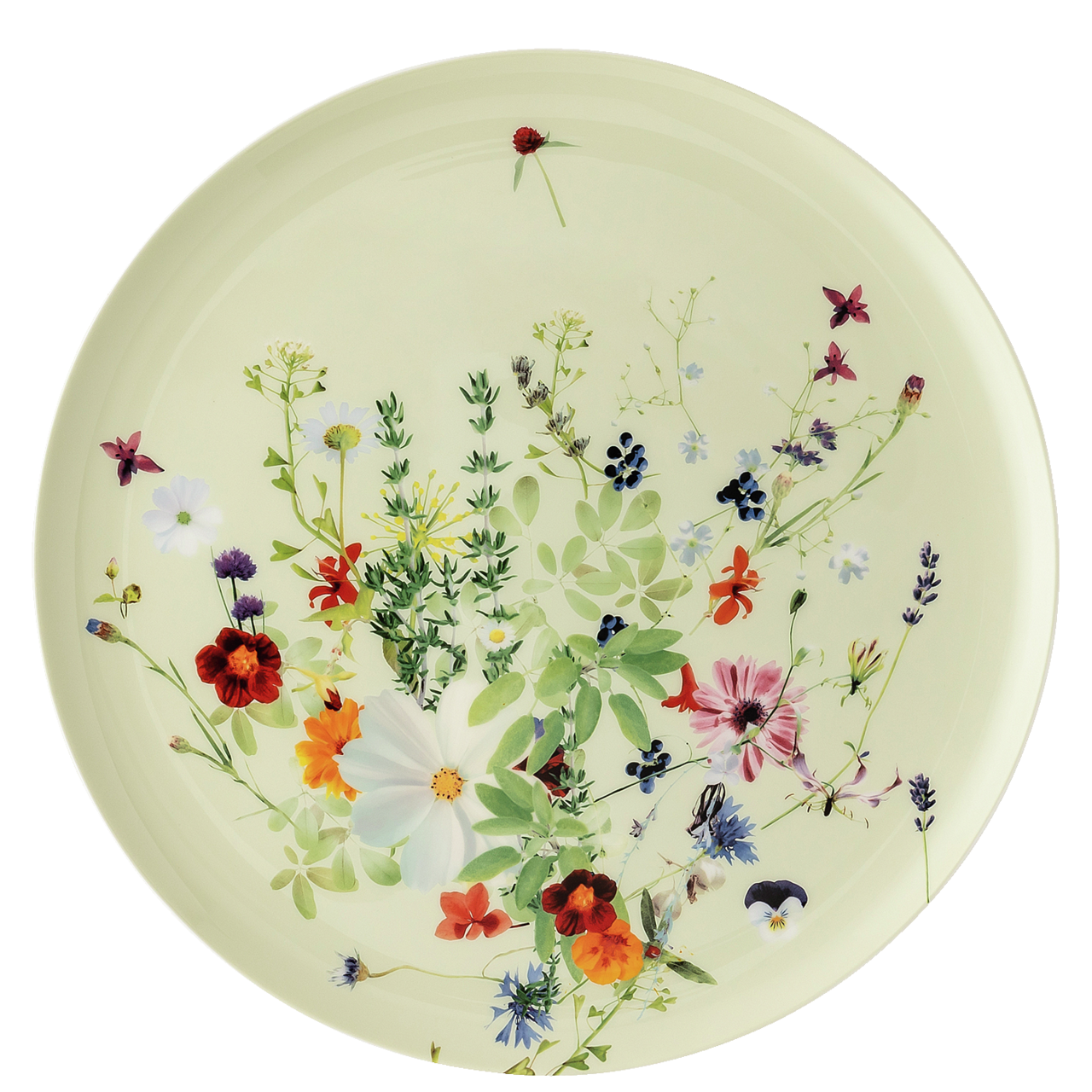 Teller mit Blumenarrangement: weiße, rote und violette Blüten auf hellgelbem Hintergrund.