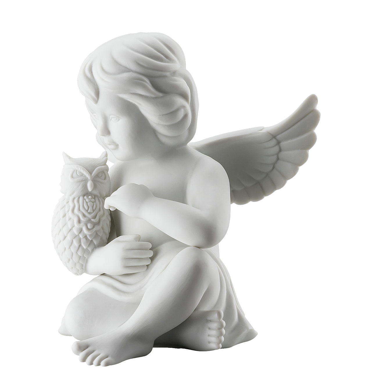 Weiße Porzellanfigur eines Engels, der eine Eule hält, wobei ein Flügel sichtbar ist.