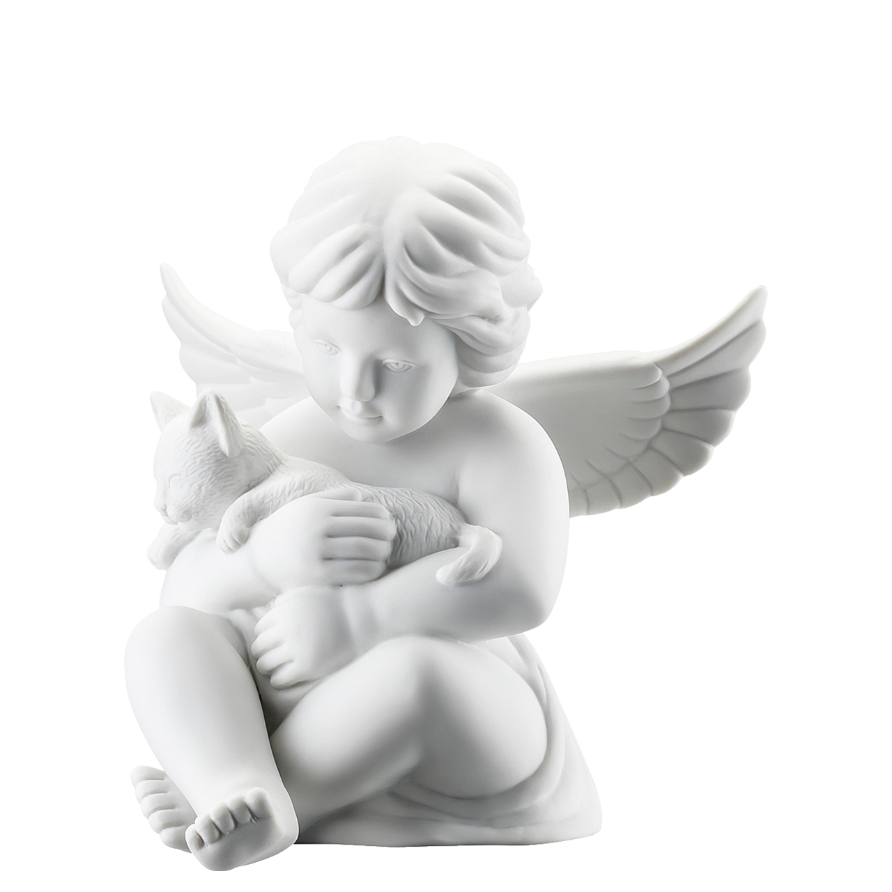 Ein sitzender Engel aus weißem Porzellan wiegt eine Katze im Arm.