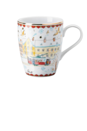 Weißer Becher mit farbenfroher Wintermotivillustration, goldenem Rand und Henkel.