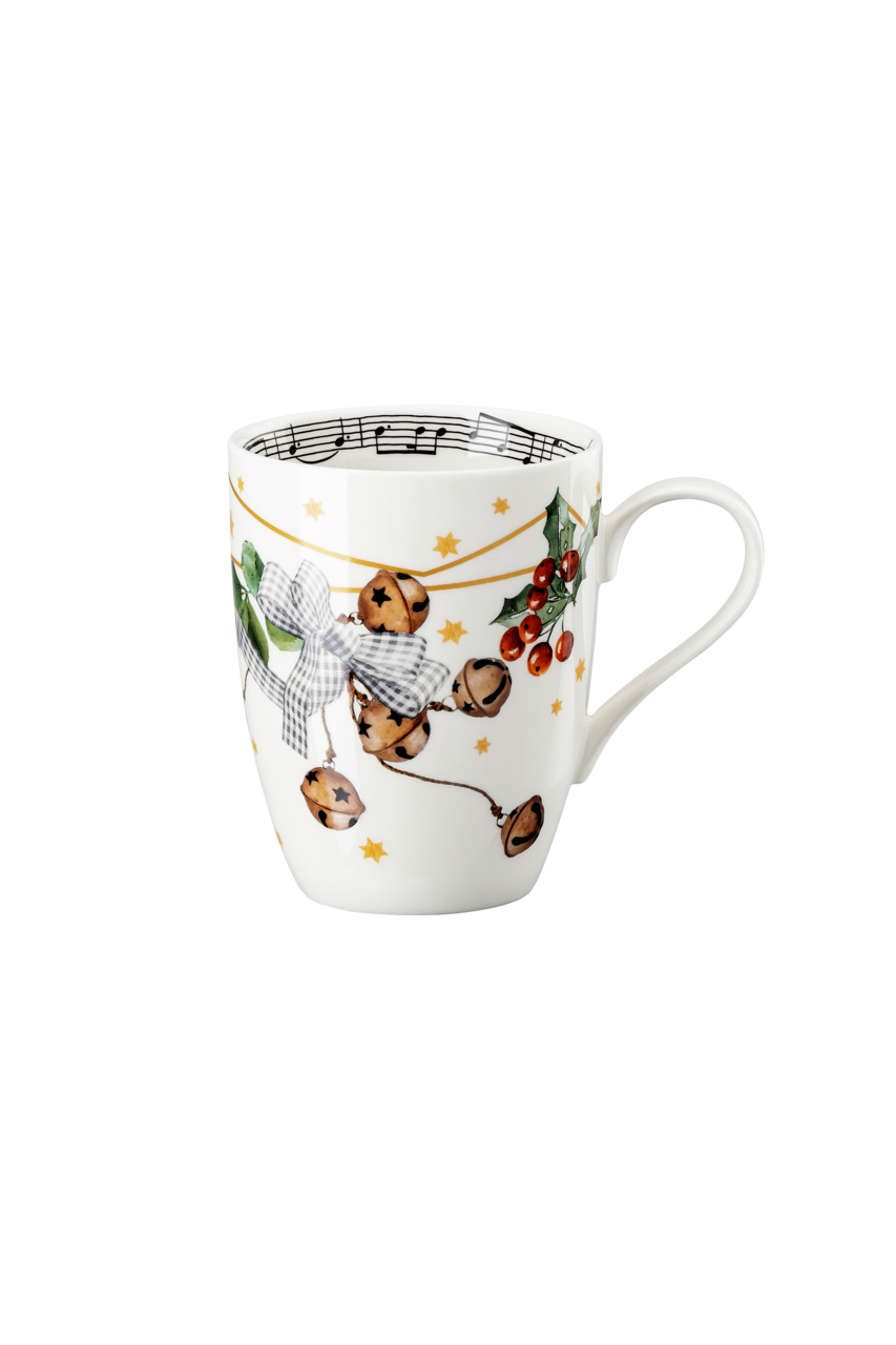 Weißer Keramik-Weihnachtsbecher mit Glöckchen- und Girlandenmuster.