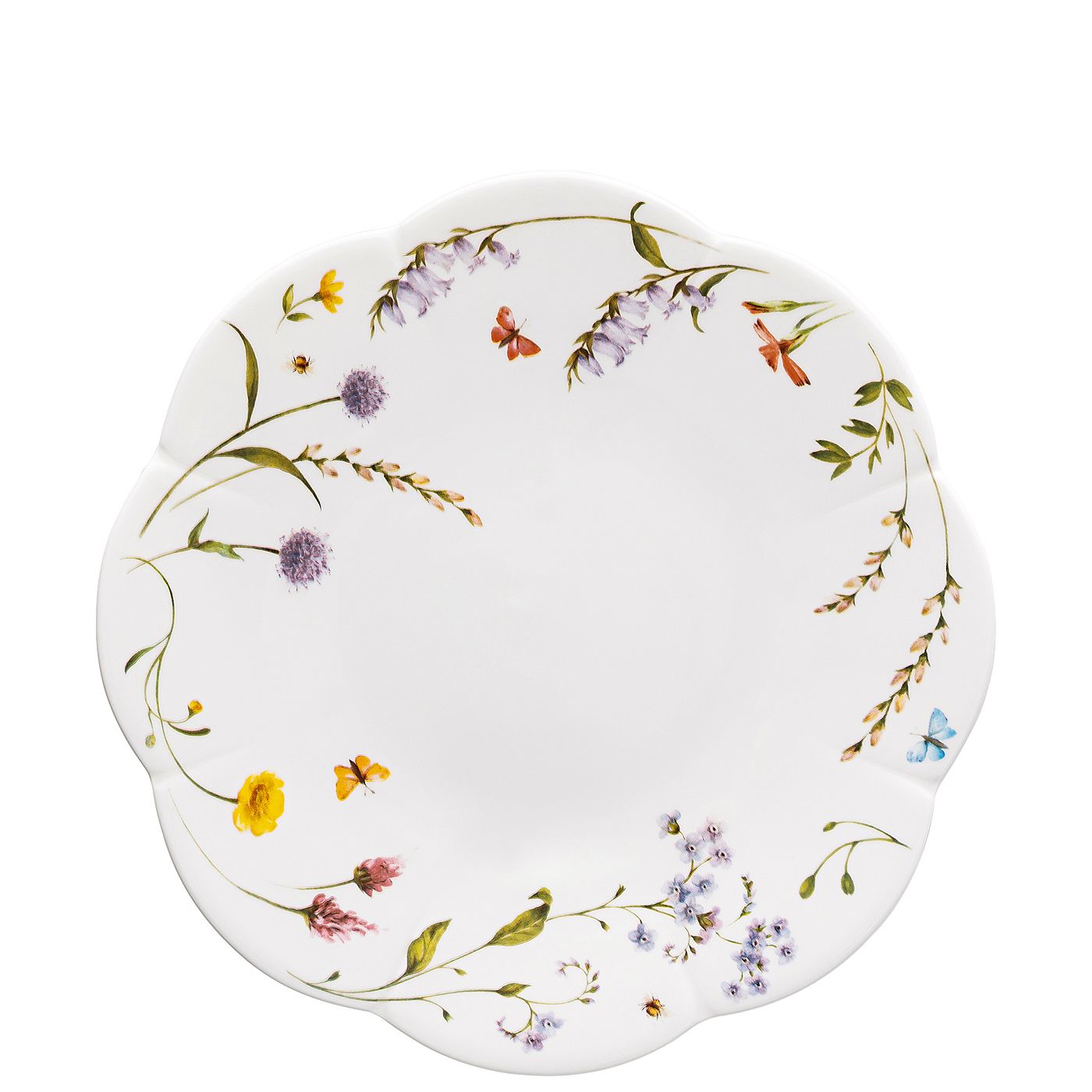 Weißer Teller mit Blumen- und Schmetterlingsbordüre.