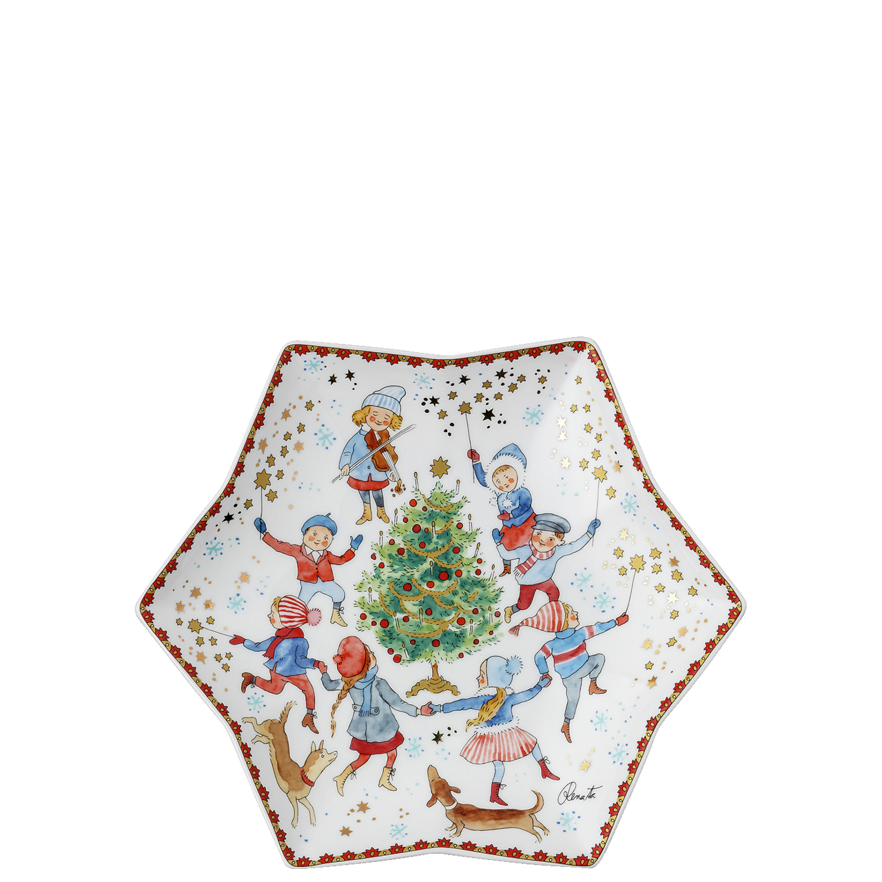 Sechseckiger Teller mit tanzenden Figuren um einen Weihnachtsbaum, rote und goldene Akzente.