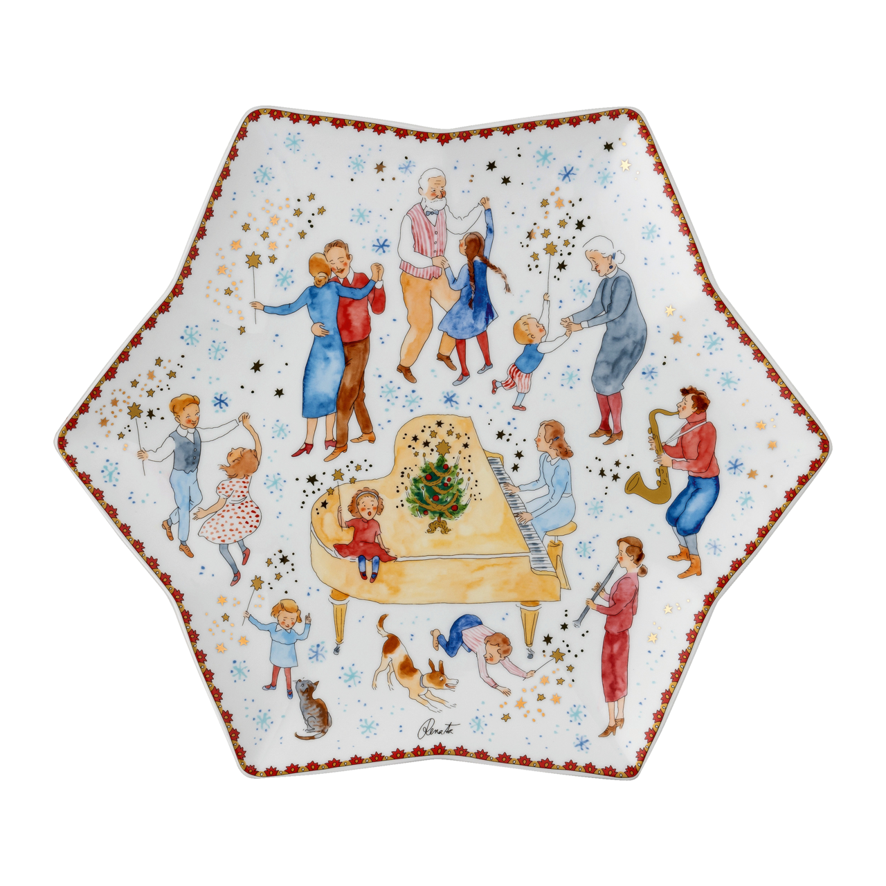 Teller mit einer Weihnachtsszene: tanzende Menschen, die Musik machen, und ein Weihnachtsbaum neben einem Klavier.
