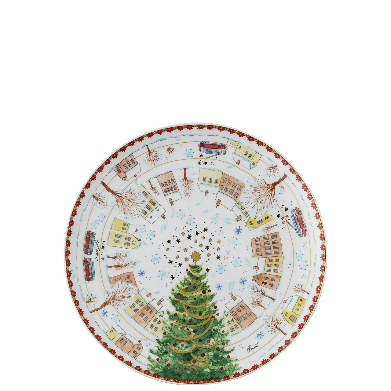 Weihnachtsteller mit geschmücktem Baum, Stadtszene und Schneeflockenverzierungen.