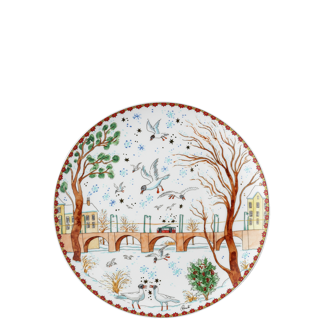 Teller mit Wintermotiv: Brücke über Wasser, kahle Bäume, Gebäude, Vögel, Schnee und ein roter Rand.