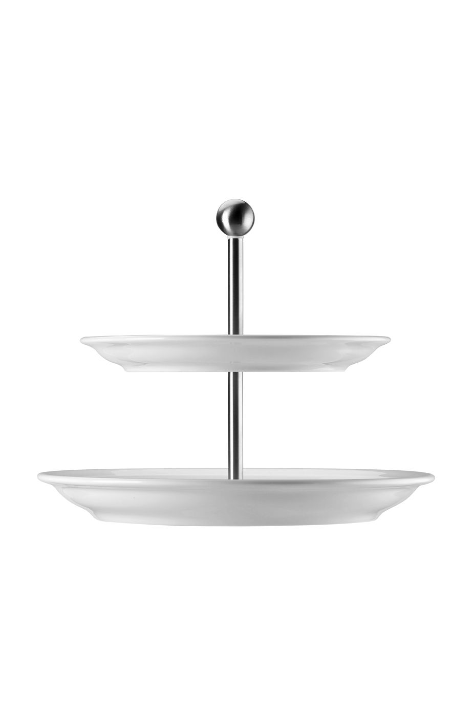 Zweistöckiger weißer Servierständer mit silbernem Mittelpfosten und kugelförmiger Spitze.