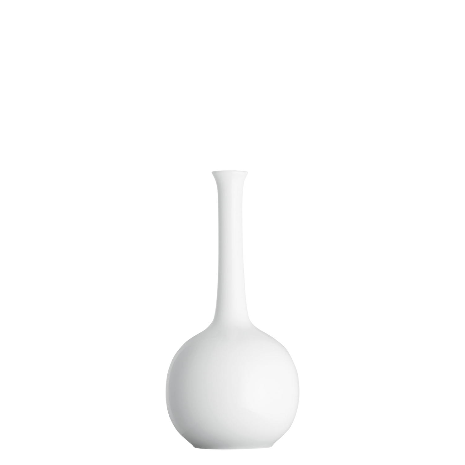 Weiße, kugelförmige Vase mit langem, schlankem Hals.