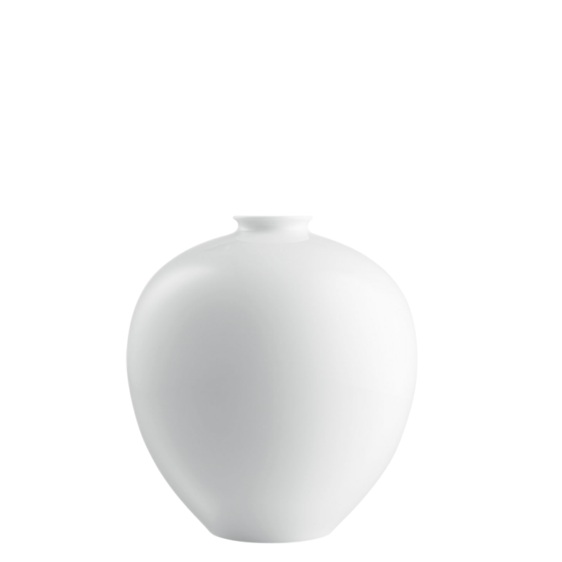 Weiße, runde Porzellanvase mit schmalem Hals.
