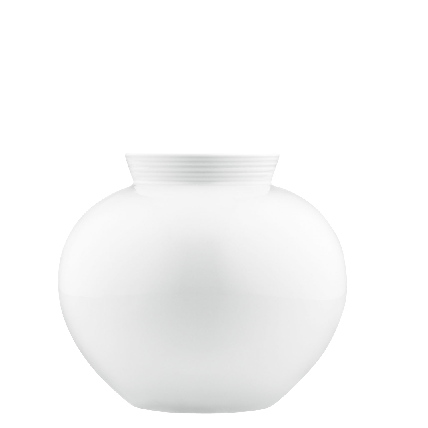 Weiße, kugelförmige Vase mit einem kleineren, geriffelten Hals.