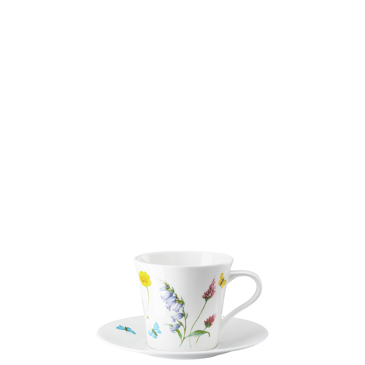 Weiße Teetasse mit Untertasse und Blumen- und Schmetterlingsmotiven.
