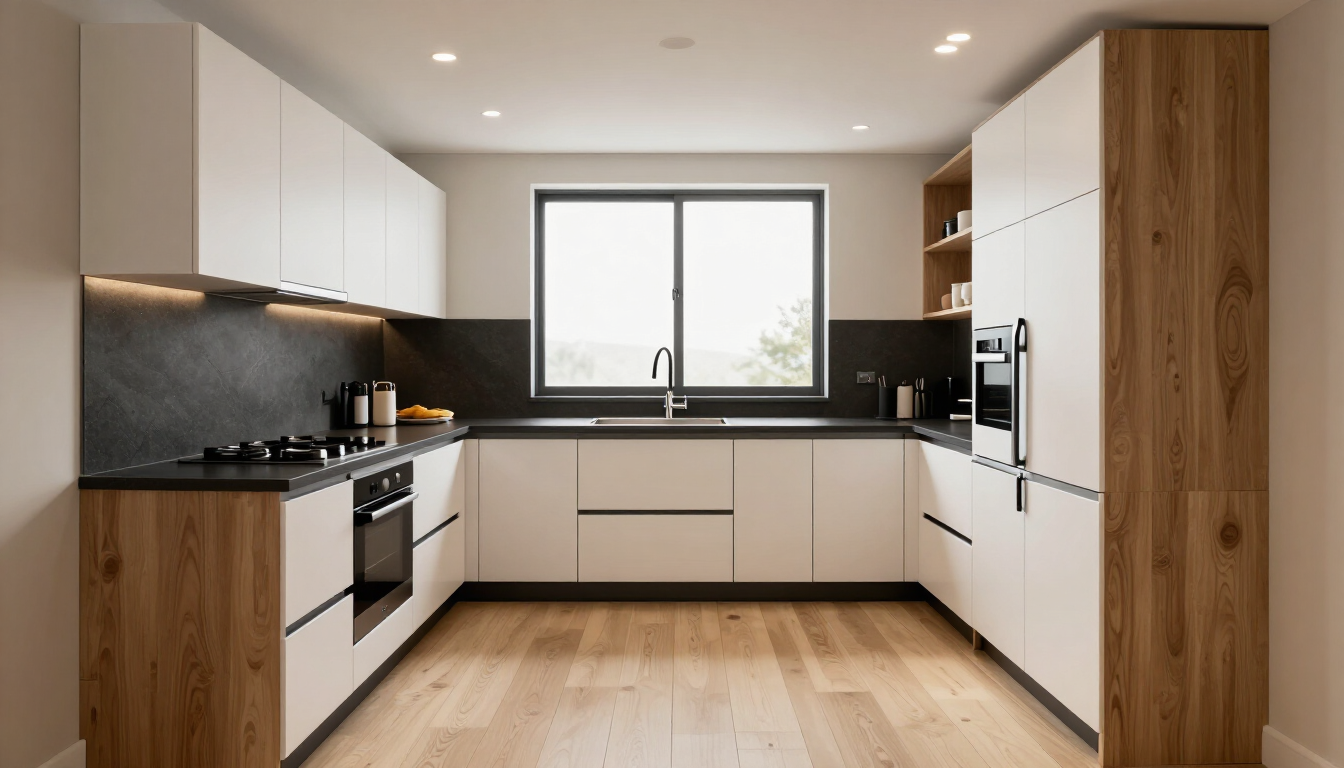 Cocina moderna y minimalista con armarios blancos, detalles de madera, encimeras negras y una ventana central.