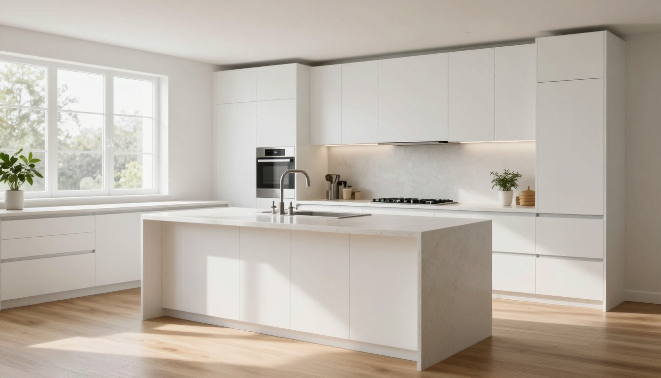Cocina blanca, luminosa y moderna, con isla, electrodomésticos integrados y luz natural que entra por los grandes ventanales