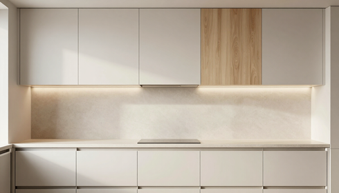 Cocina moderna minimalista con armarios blancos, detalles de madera e iluminación bajo los armarios