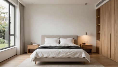Dormitorio minimalista con una cama, mesitas de noche, un armario de madera y luz de un ventanal grande