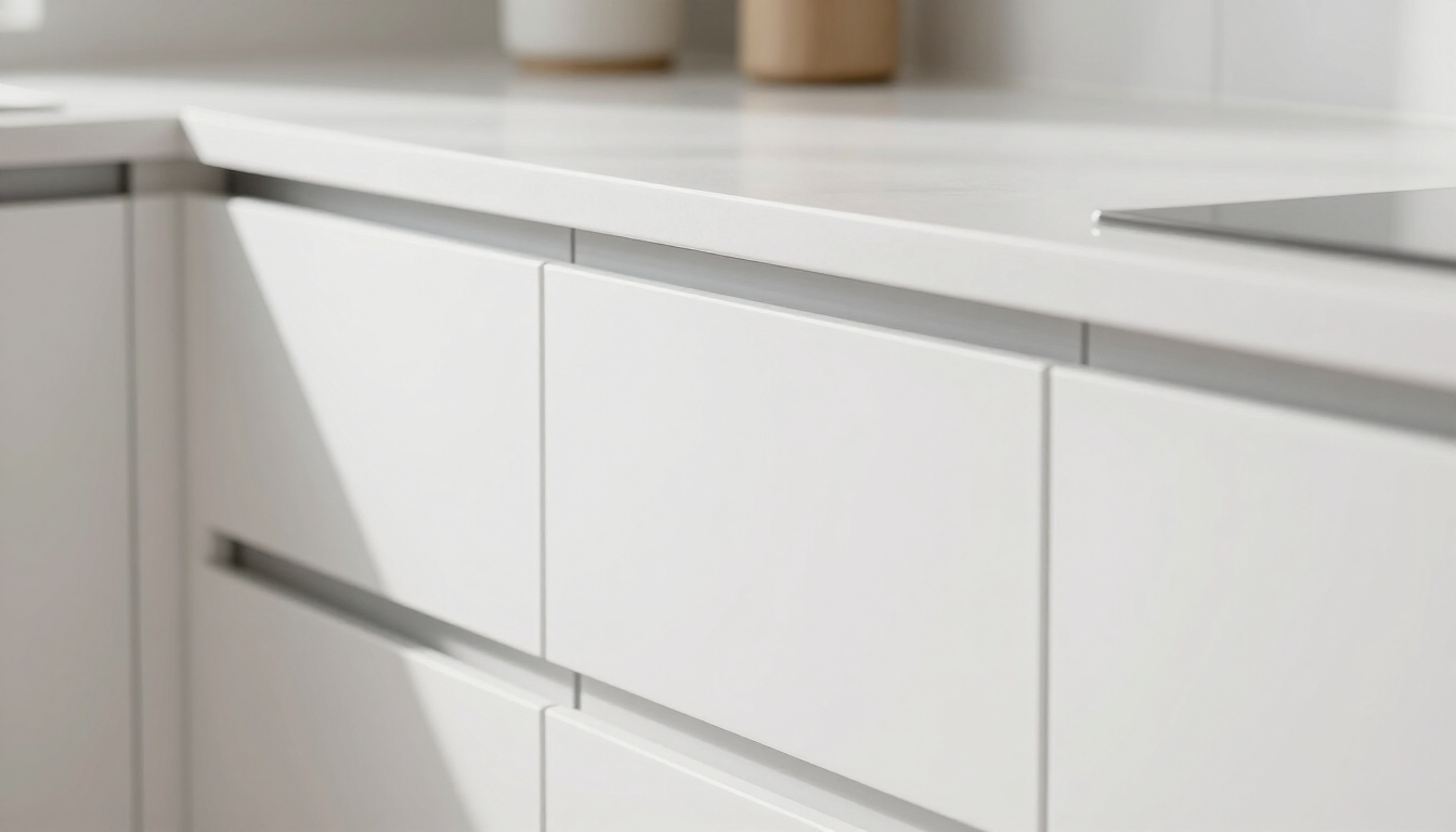 Rincón de una cocina blanca con elegantes tiradores plateados y una encimera clara