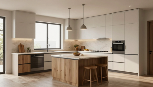 Cocina minimalista moderna con armarios blancos, isla de madera y un gran ventanal