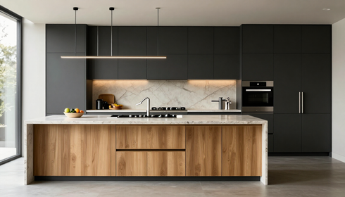 Cocina moderna y minimalista con gabinetes oscuros, salpicadero de mármol y encimera de madera en la isla