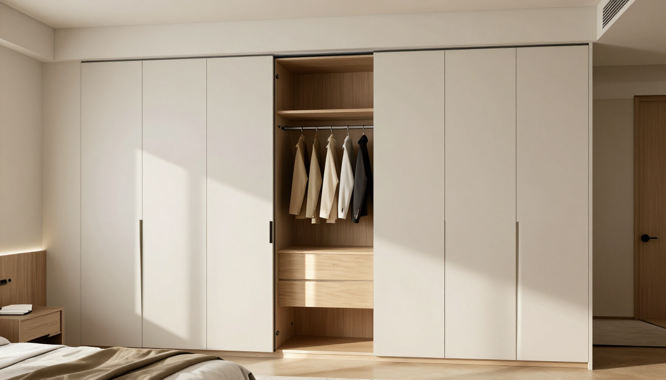Dormitorio moderno con armarios empotrados blancos y un armario central abierto con ropa colgada y cajones