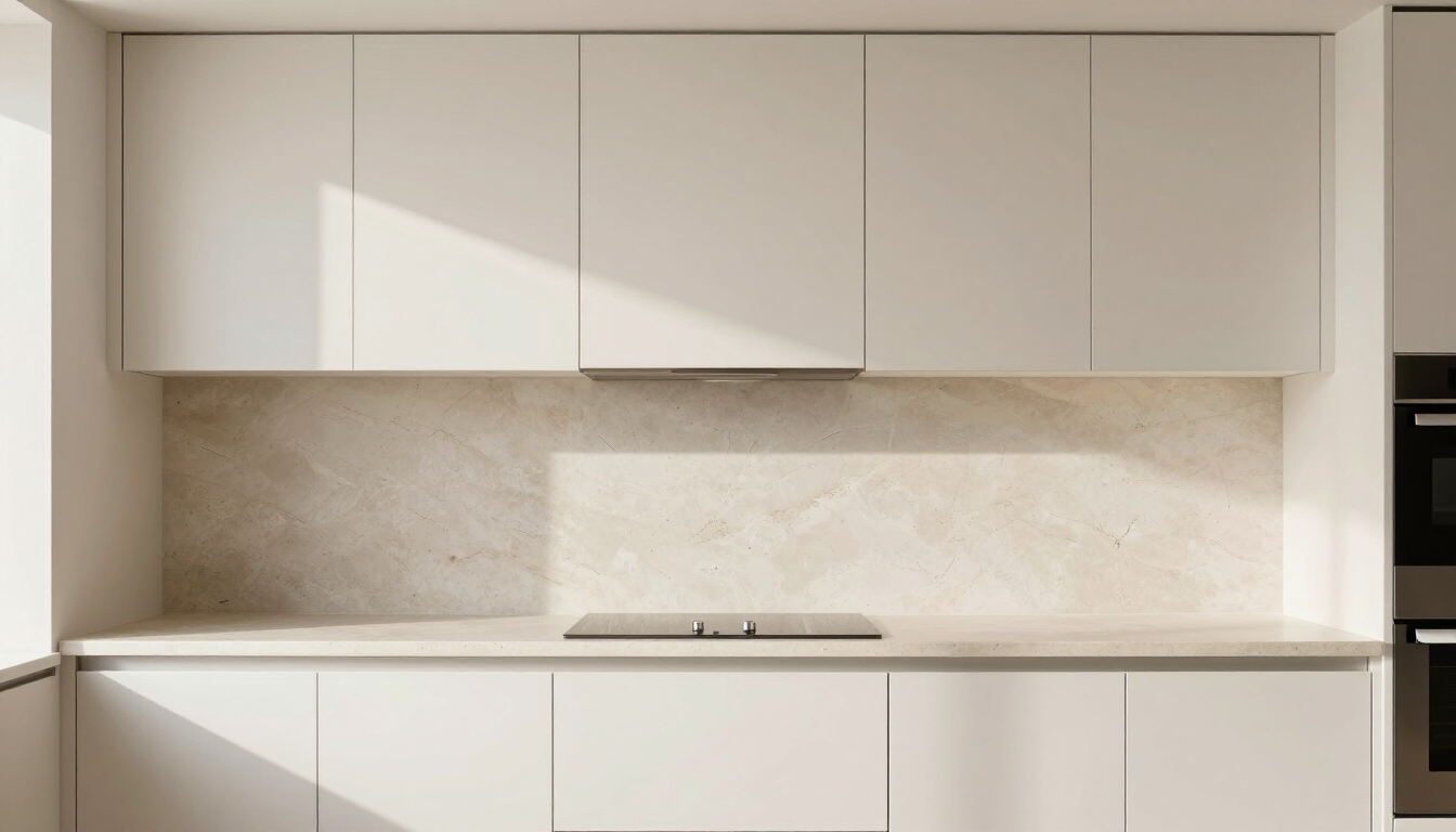 Cocina minimalista en tonos beige, con armarios sin tiradores, salpicadero de piedra y placa de cocina sobre la encimera, bajo los armarios superiores