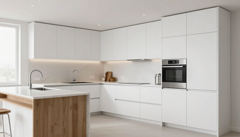 Cocina blanca, luminosa y moderna, con isla de madera, horno empotrado y armarios minimalistas
