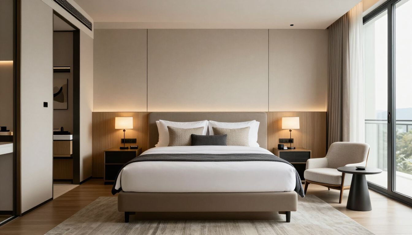 Dormitorio moderno con una cama bien tendida, cálidas lámparas de noche y una silla junto a ventanales que van del suelo al techo.