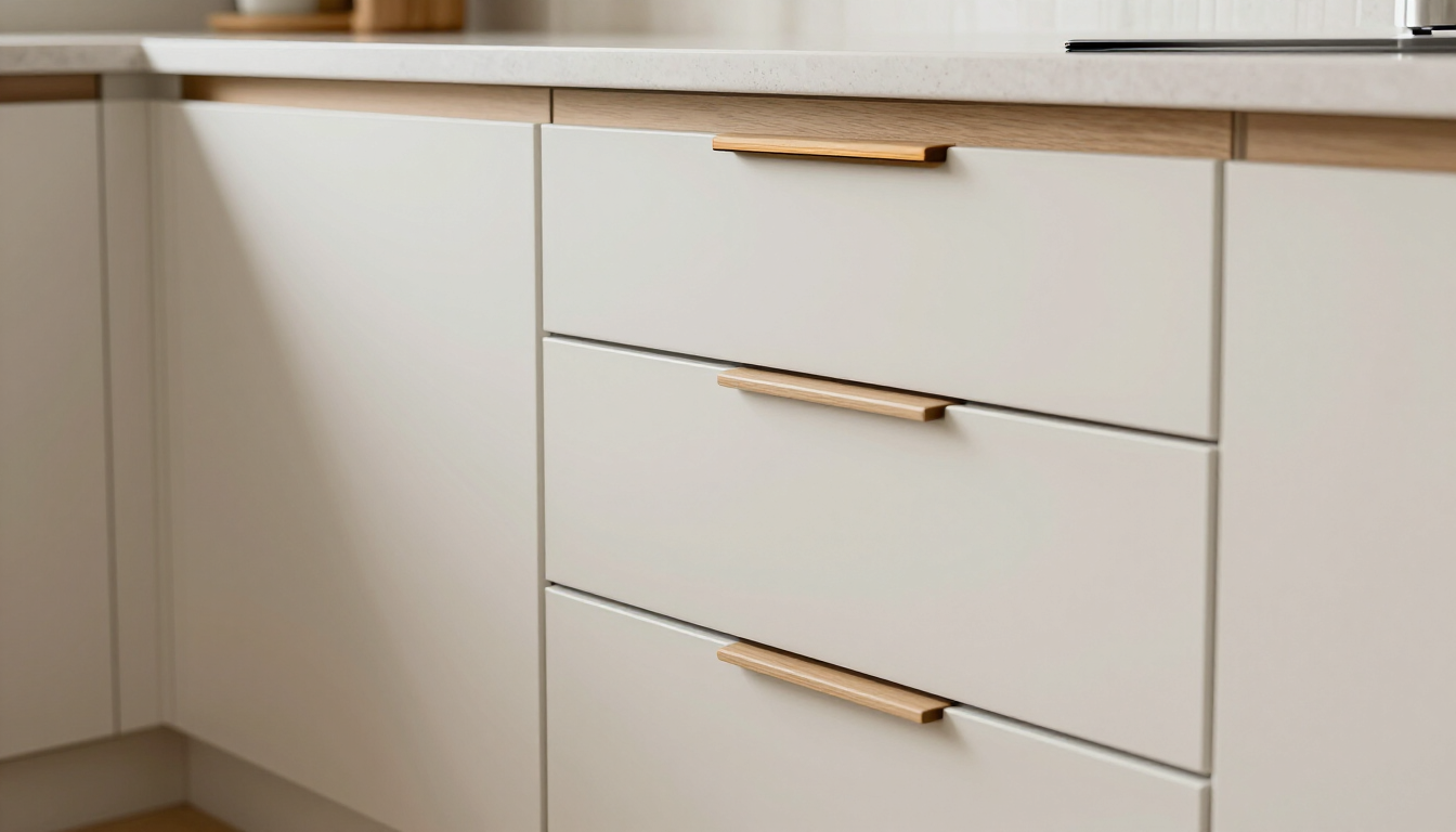 Armarios de cocina blancos con tiradores de madera bajo una encimera clara