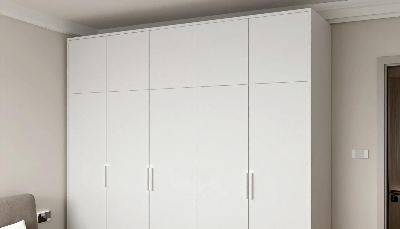 Armario empotrado blanco con módulos altos y puertas correderas en un dormitorio beige