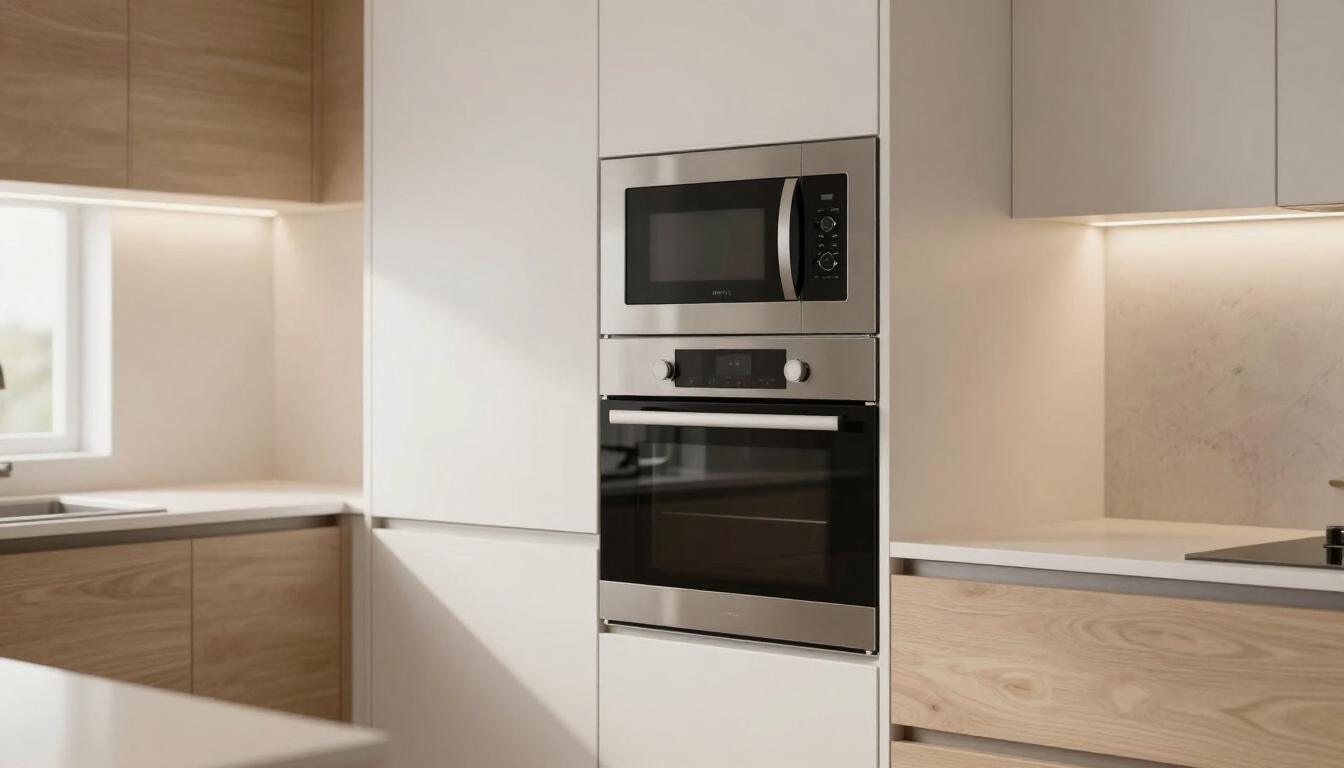 Cocina moderna con microondas y horno empotrados de acero inoxidable, integrados en muebles blancos y de madera