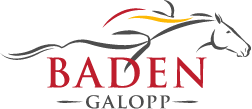 Ein Logo für Baden Galopp mit einem laufenden Pferd im Hintergrund.