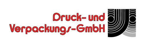A red and black logo for druck-und verpackungs-gmbh