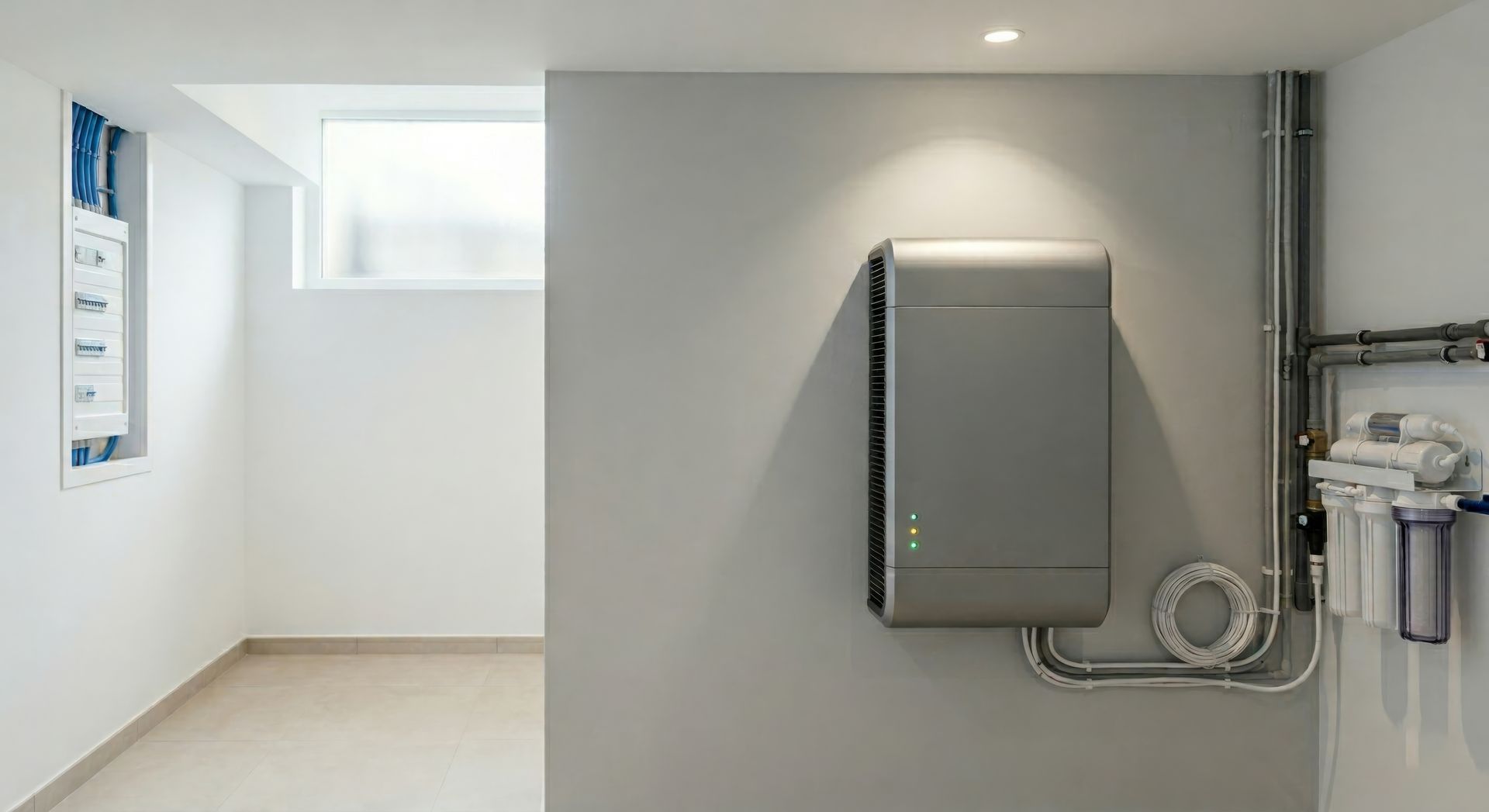 Batterie de stockage d'énergie dans une pièce blanche.