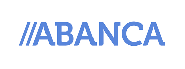 Logotipo azul de ABANCA con barras inclinadas en cursiva sobre fondo blanco.