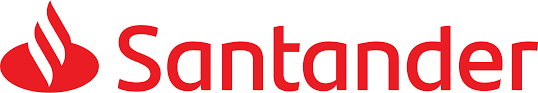 Logotipo del banco Santander en texto rojo con un icono de llama sobre fondo blanco.