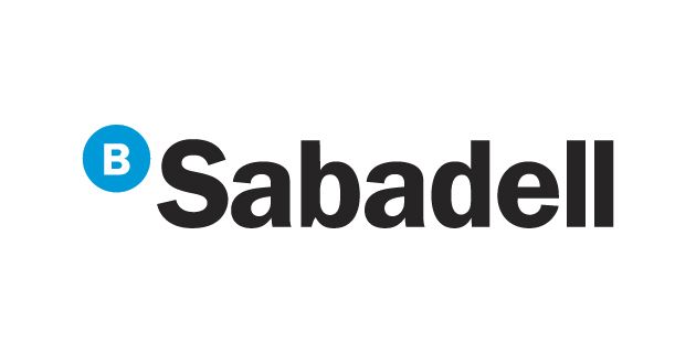 Logotipo de B Sabadell con icono de círculo azul y marca denominativa negra sobre fondo blanco.
