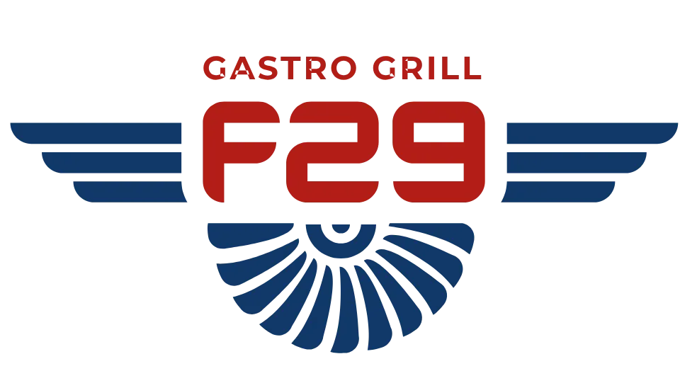 Logotipo de Gastro Grill F29 en rojo y azul con alas estilizadas y emblema de rayos de sol.