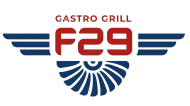 Logotipo de Gastro Grill F29 en rojo y azul con alas estilizadas y emblema de rayos de sol.