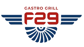 Logotipo de Gastro Grill F29 en rojo y azul con alas estilizadas y emblema de rayos de sol.